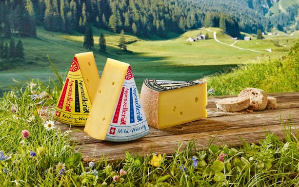 Appenzeller cheese wedges on a wooden table with a scenic view of Appenzell hills.