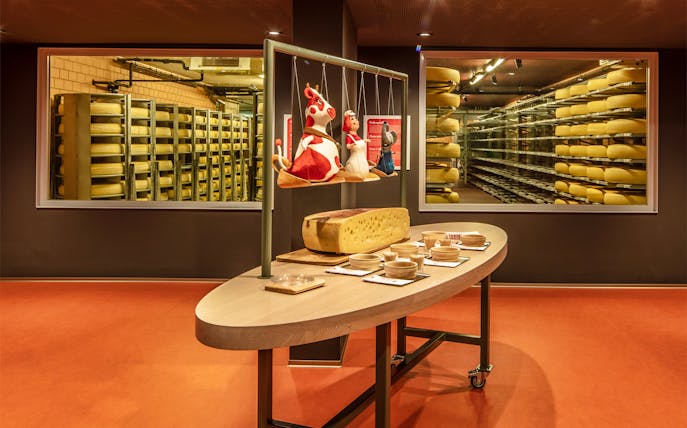 Cheese aging room with tasting setup on Bern tour from Zürich.