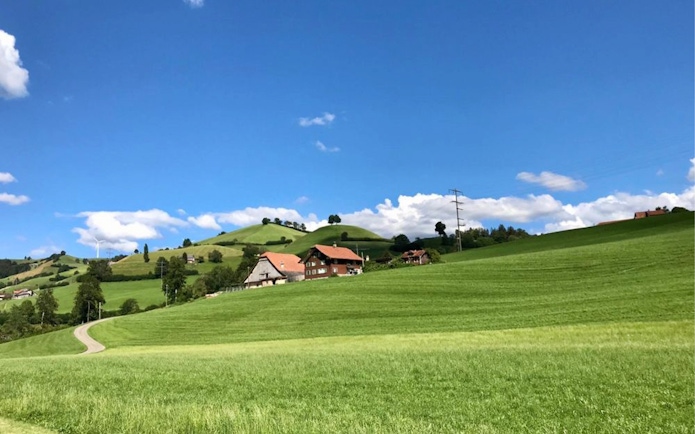Rolling green hills with farmhouses near Bern, Switzerland, on a sunny day.