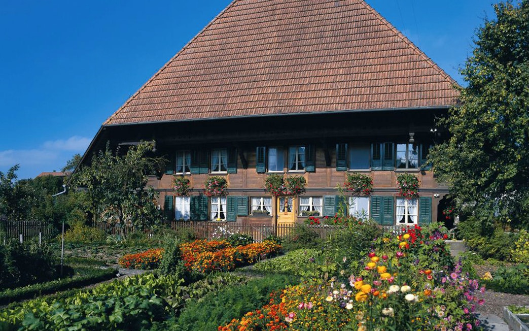 Traditional Swiss farmhouse with vibrant garden in Bern on a full-day tour from Zürich.