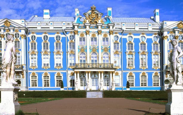 Catherine Palace facade with statues, Pushkin, Russia.