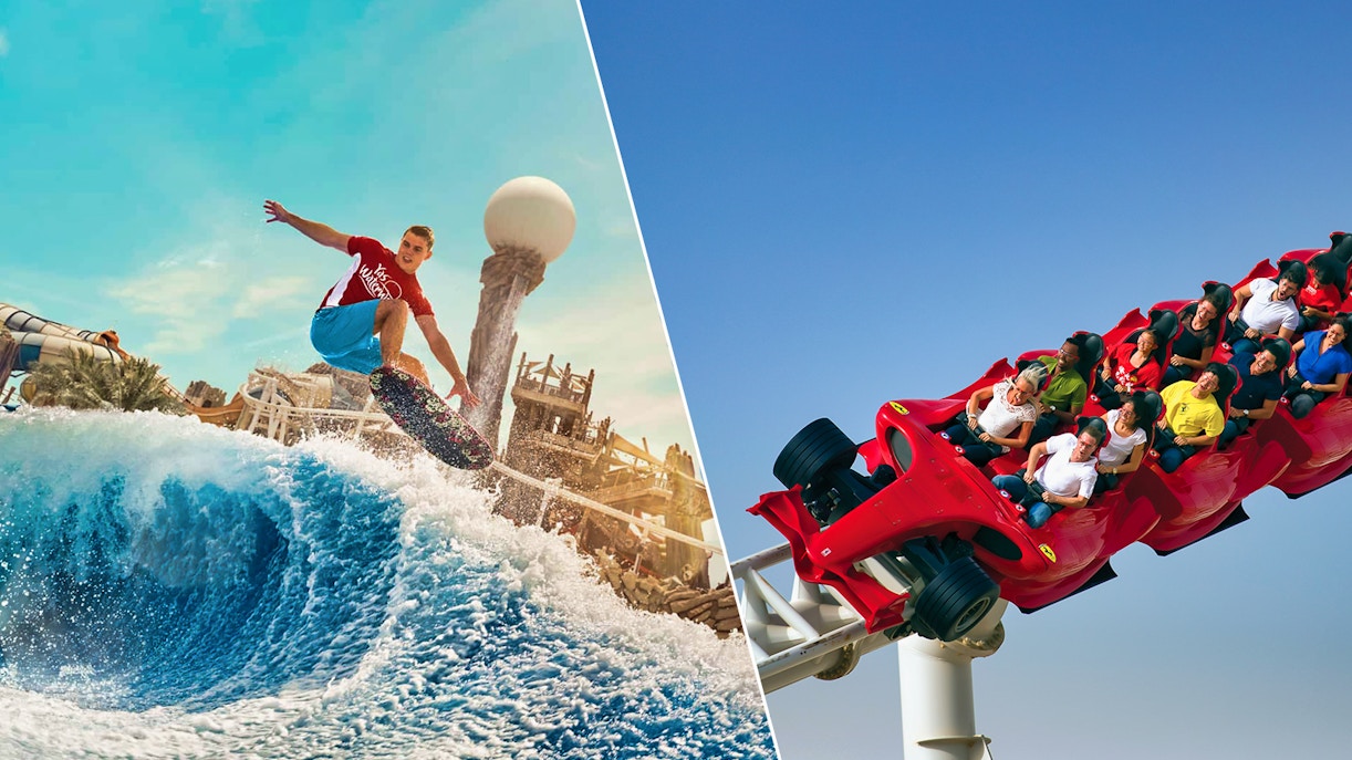 Ferrari World roller coaster and Yas Waterworld surfing in Abu Dhabi.