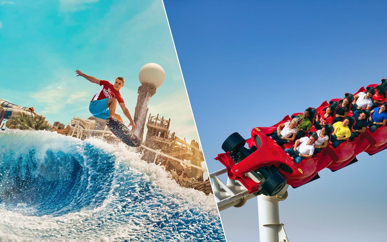 Ferrari World and Yas Waterworld entrance with excited tourists ready for a one-day pass adventure in Dubai