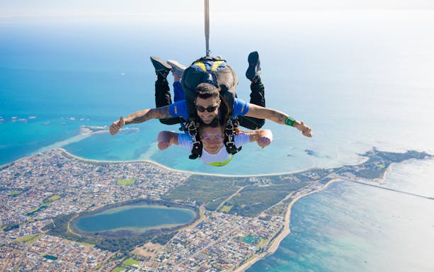 Tandem skydive over Rockingham coastline near Perth from 15,000 feet.