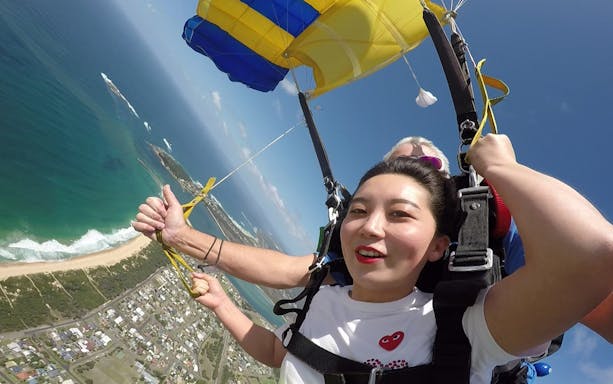 Tandem skydive over Hunter Valley coastline at 15,000ft.