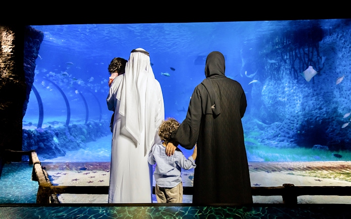 Family viewing marine life at National Aquarium Abu Dhabi.