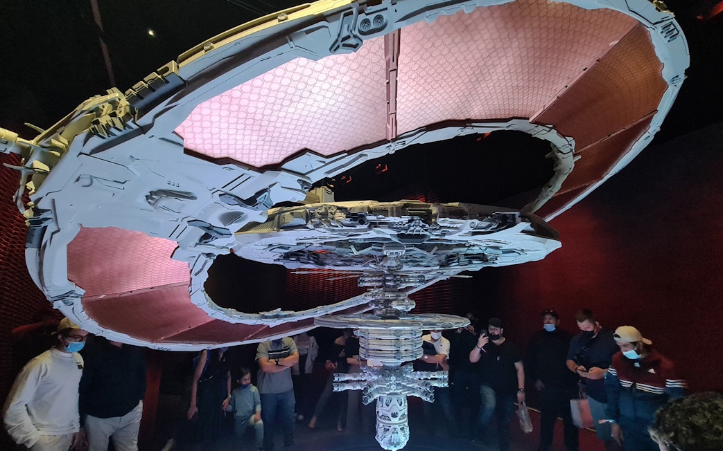 Futuristic exhibit inside Dubai Museum of the Future, part of IMG Worlds of Adventure combo.