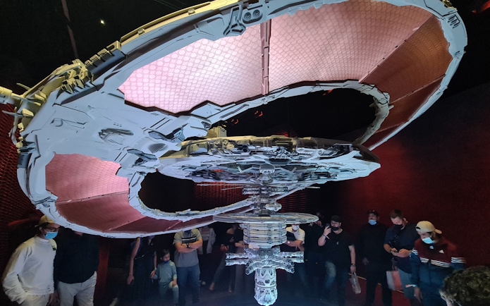 Futuristic exhibit inside Dubai Museum of the Future, part of IMG Worlds of Adventure combo.