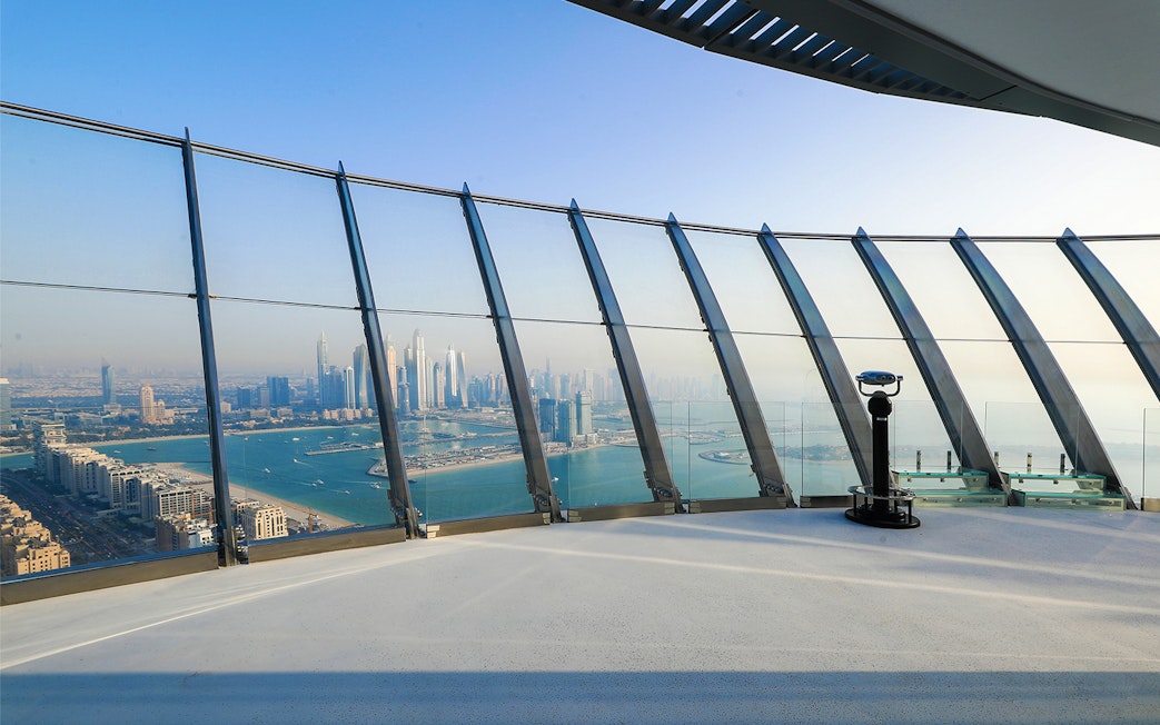 Observation deck view of Dubai skyline and Palm Jumeirah from The View at The Palm.