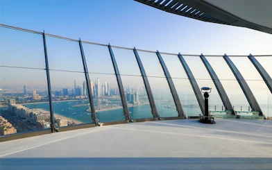 Observation deck view of Dubai skyline and Palm Jumeirah from The View at The Palm.