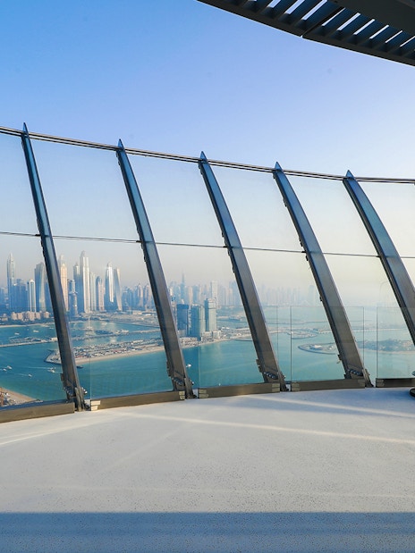 Observation deck view of Dubai skyline and Palm Jumeirah from The View at The Palm.