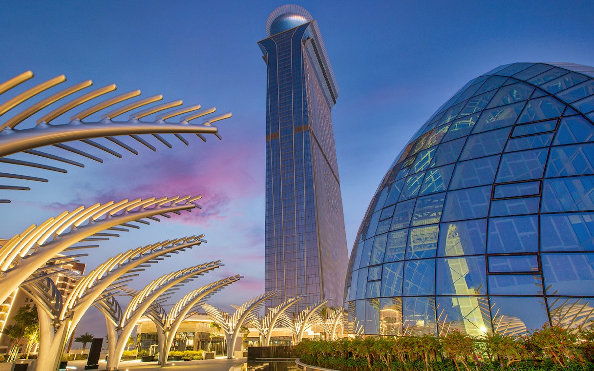 The View at The Palm observatory and architectural structures at sunset, Dubai.