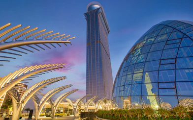 The View at The Palm observatory and architectural structures at sunset, Dubai.
