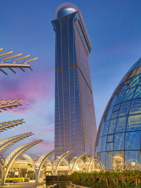 The View at The Palm observatory and architectural structures at sunset, Dubai.