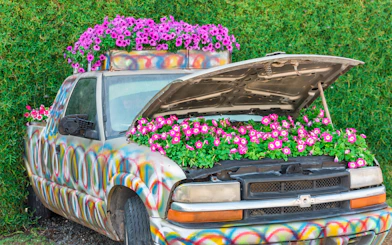 Colorful truck with flowers in the hood at Dubai Miracle Garden.