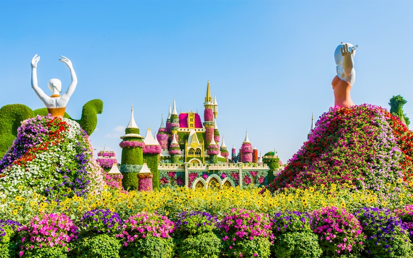 Dubai Miracle Garden floral sculptures and castle with skip-the-line access.
