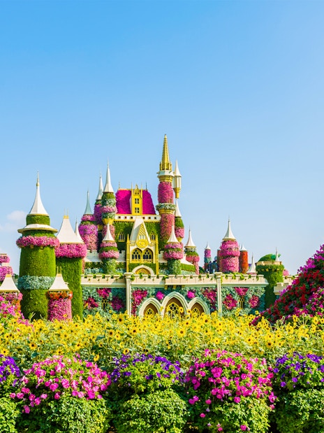 Dubai Miracle Garden floral sculptures and castle with skip-the-line access.