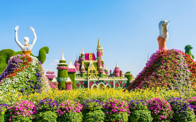 Dubai Miracle Garden floral sculptures and castle with skip-the-line access.