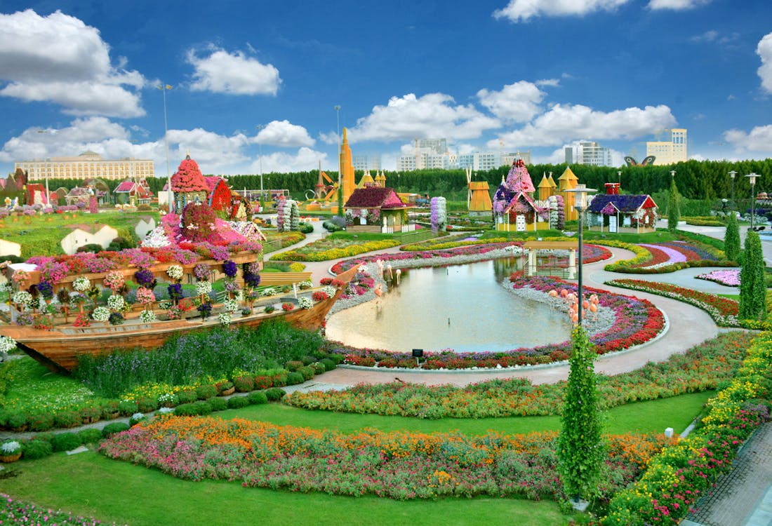 Dubai Miracle Garden with vibrant floral displays and colorful pathways.