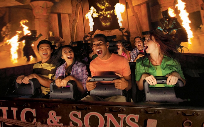 Visitors enjoying a thrilling ride at Universal Studios Hollywood.