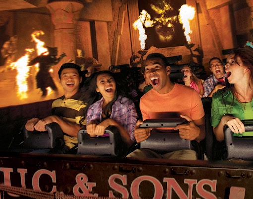 Visitors enjoying a thrilling ride at Universal Studios Hollywood.