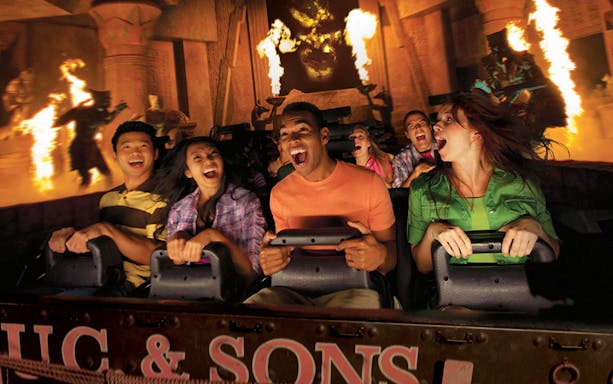 Visitors enjoying a thrilling ride at Universal Studios Hollywood.