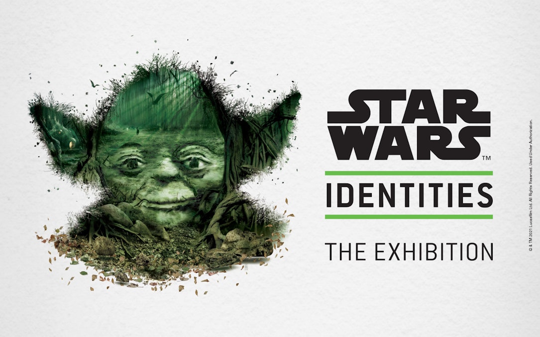 Yoda's face with forest elements, Star Wars Identities: The Exhibition logo.