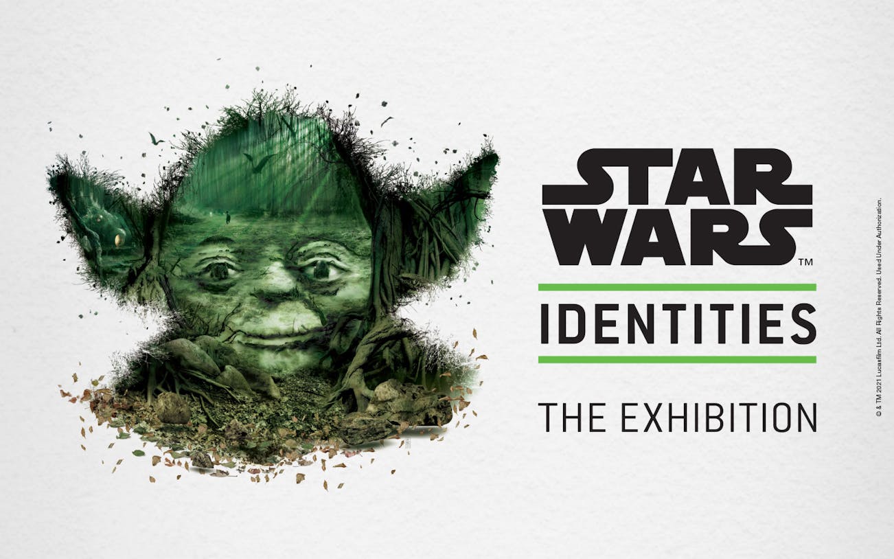 Yoda's face with forest elements, Star Wars Identities: The Exhibition logo.