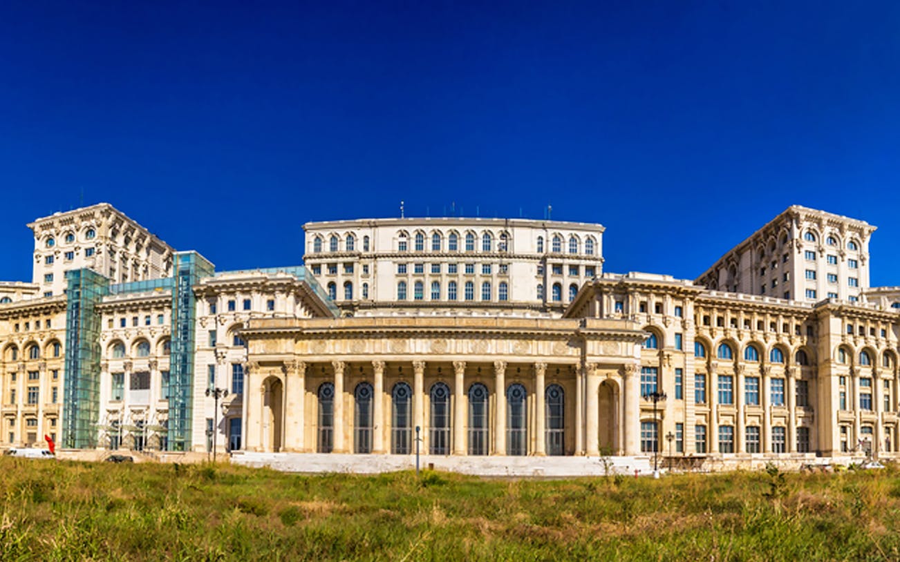 Palace of the Parliament in Bucharest, Romania, viewed from the front.