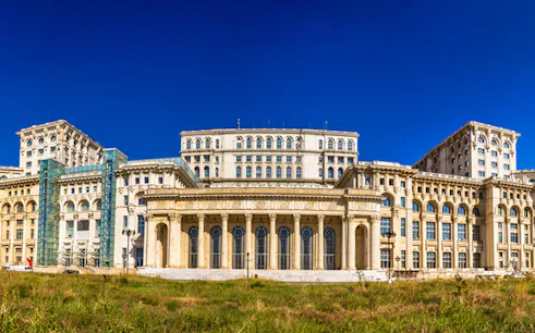 Palace of the Parliament in Bucharest, Romania, viewed from the front.