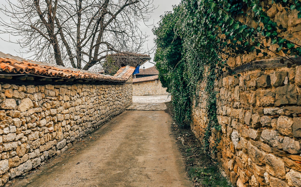 Medieval stone pathway in Bulgaria with ivy-covered walls.