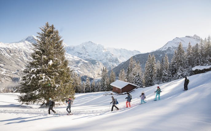 Snowshoers trekking through snowy Alpine landscape with mountains and cabin.