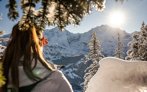 Person enjoying snowy mountain view during guided sledding in Sulwald, near Interlaken.
