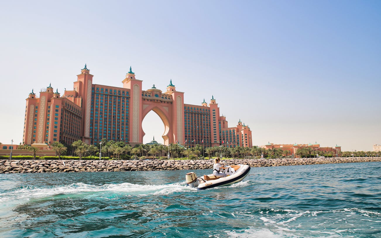 Self-drive boat near Atlantis The Palm, Dubai, during Hero Signature Boat Tour.