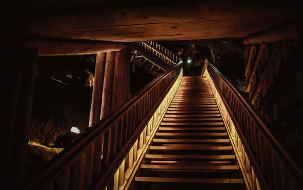 Staircase inside Wieliczka Salt Mine during small group tour.