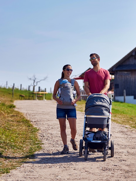 Couple with baby walking near a chalet on Mount Rigi trail.