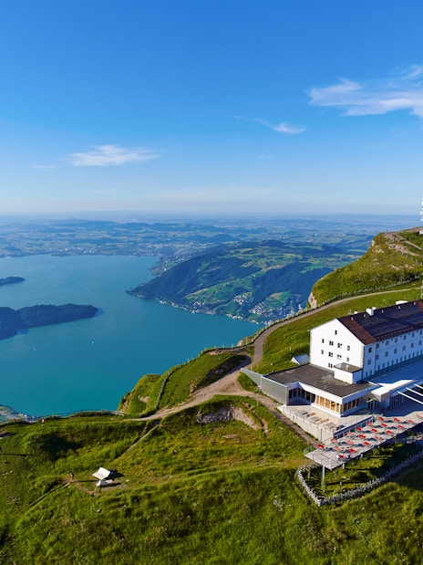 Mount Rigi summit with panoramic view of Lake Lucerne and surrounding landscape.