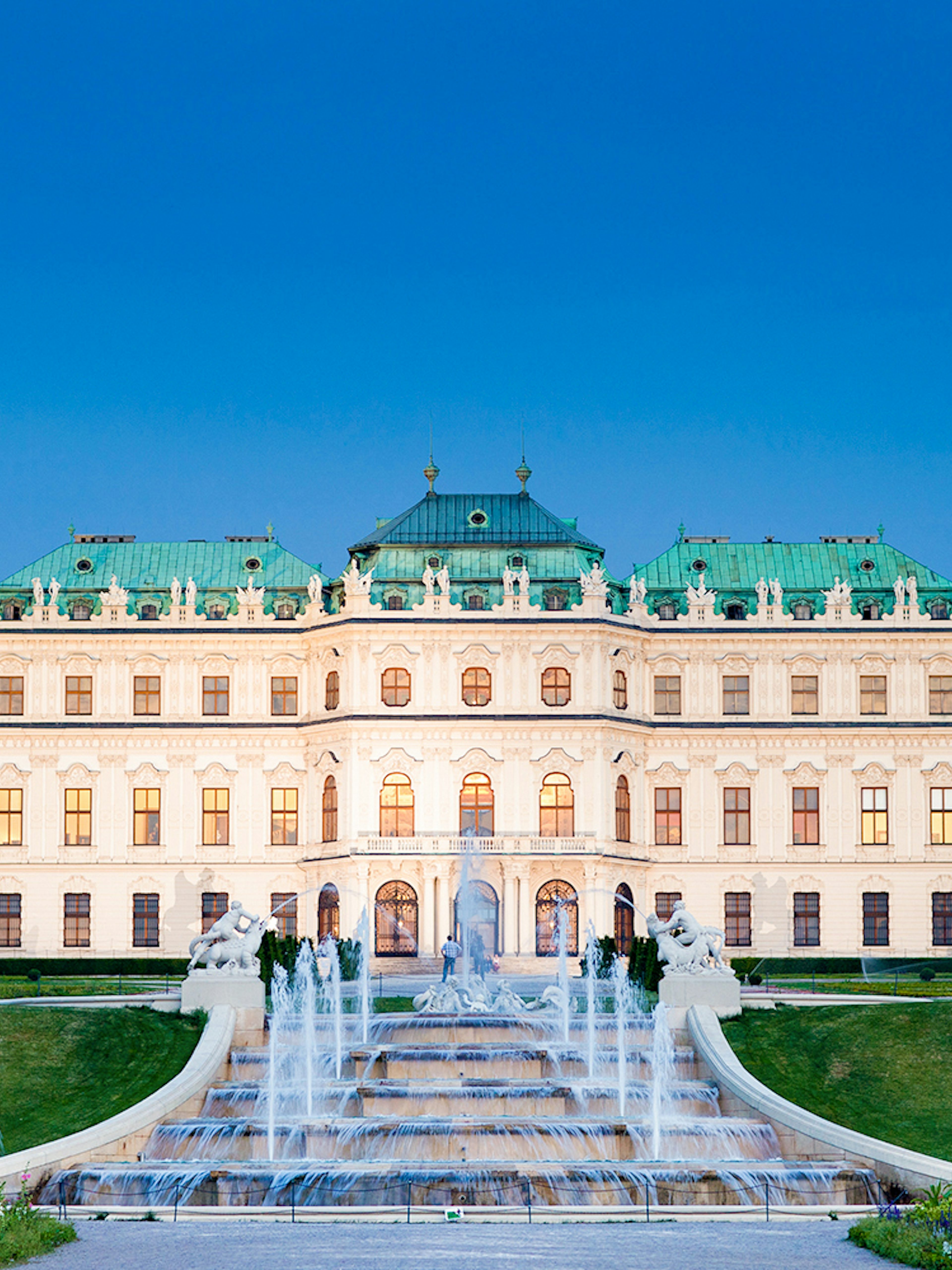 Upper Belvedere Palace in Vienna with fountains and gardens in the foreground.