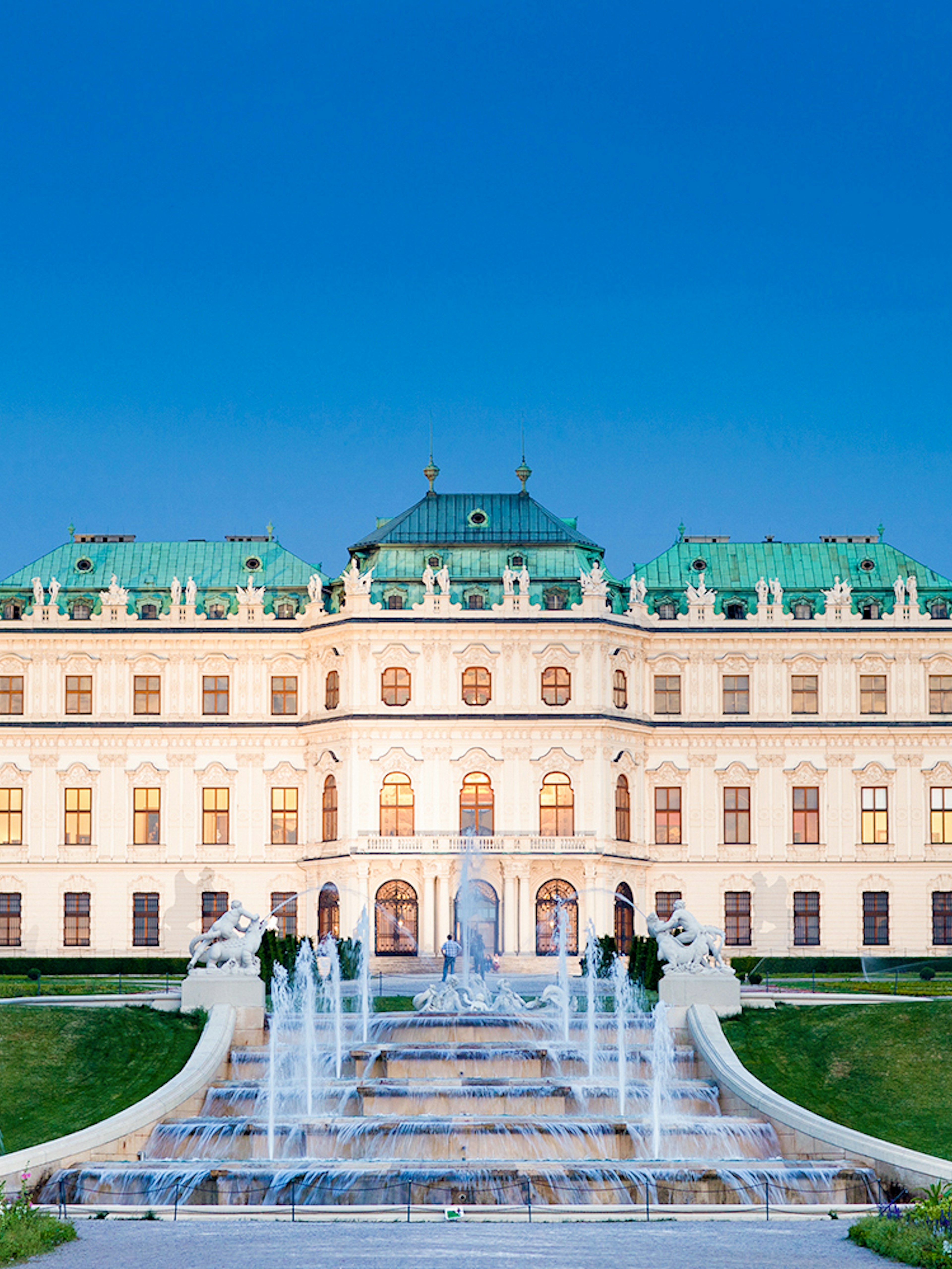 Upper Belvedere Palace in Vienna with fountains and gardens in the foreground.