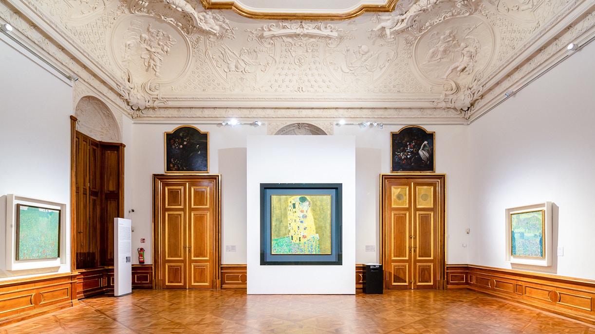 Gustav Klimt's The Kiss displayed at Upper Belvedere Palace, Vienna.