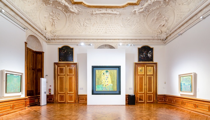 Gustav Klimt's The Kiss displayed at Upper Belvedere Palace, Vienna.