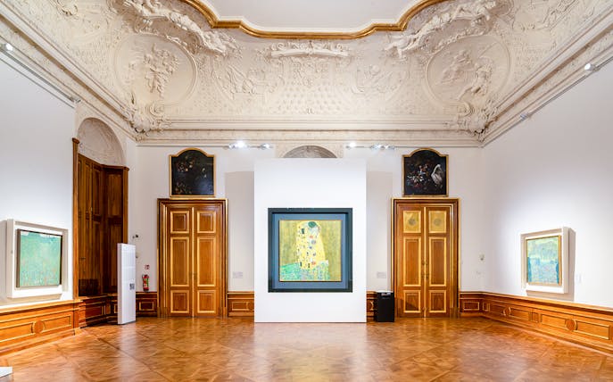 Gustav Klimt's The Kiss displayed at Upper Belvedere Palace, Vienna.