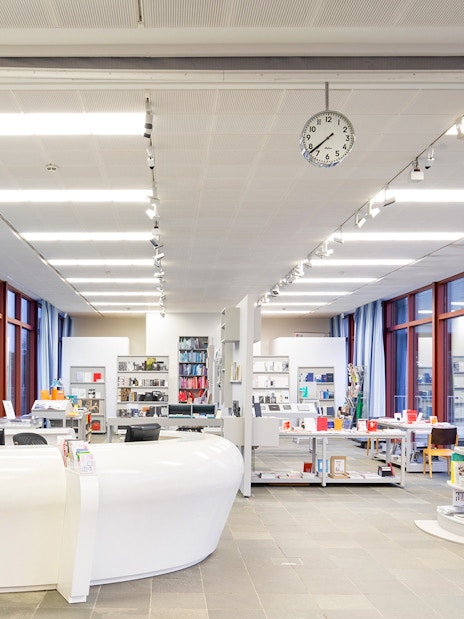 Museum gift shop at Belvedere 21, Vienna, with books and souvenirs displayed.