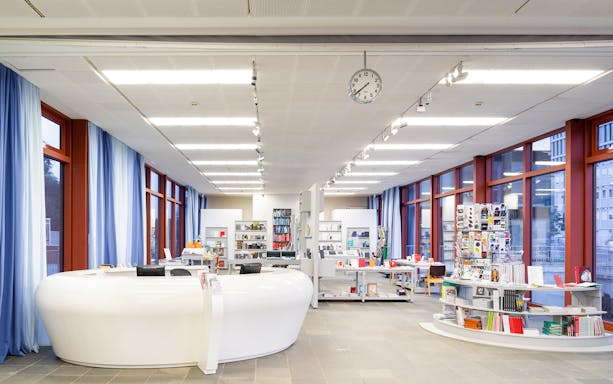 Museum gift shop at Belvedere 21, Vienna, with books and souvenirs displayed.