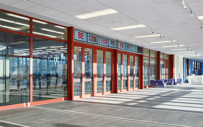Belvedere 21 Museum entrance with contemporary art signage, Vienna.