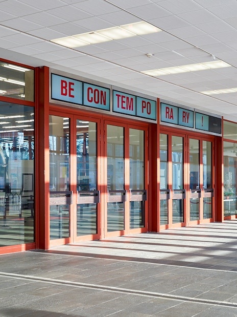 Belvedere 21 Museum entrance with contemporary art signage, Vienna.