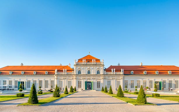 Lower Belvedere Palace facade with gardens, Vienna, skip the line ticket available.