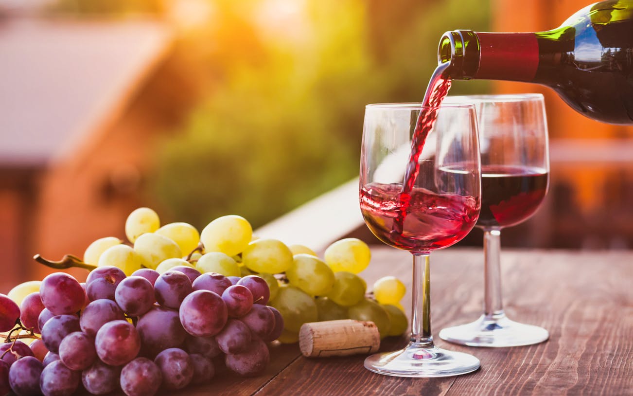 Pouring red wine into a glass with grapes on a table during Frascati Wine Tour from Rome.