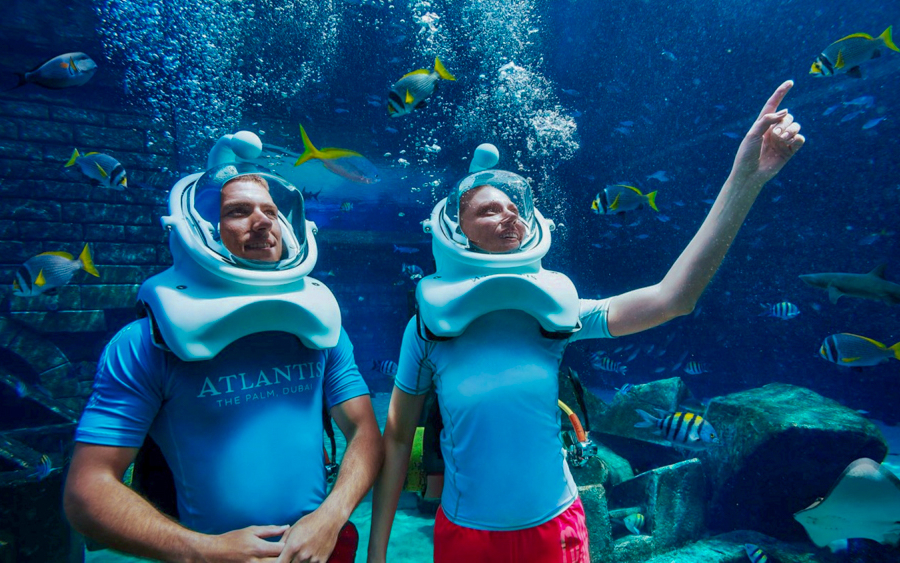 Two people in underwater helmets exploring fish at Atlantis Aquaventure's Fish Tales Tour.