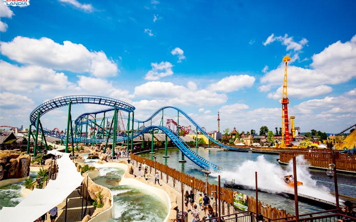 Roller coasters and water rides at Energylandia amusement park, Poland.